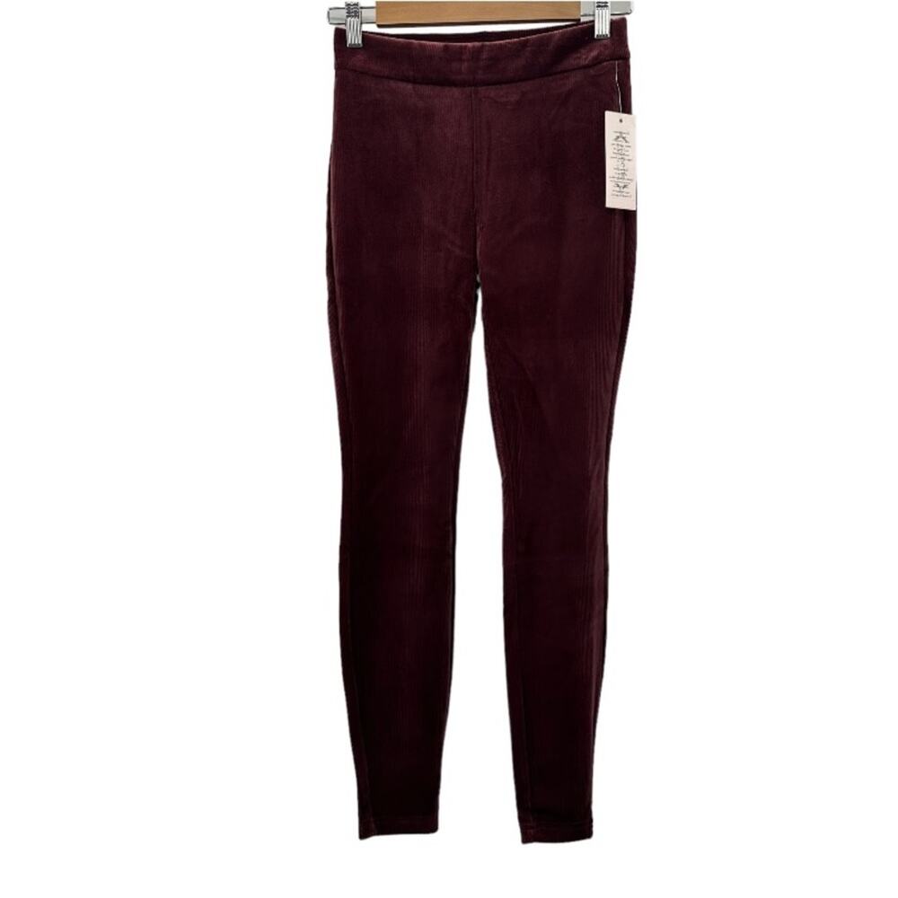 Nanette Lepore Burgundy Red Crushed‎ Velvet Ribbed Mid Rise Leggings Size XS